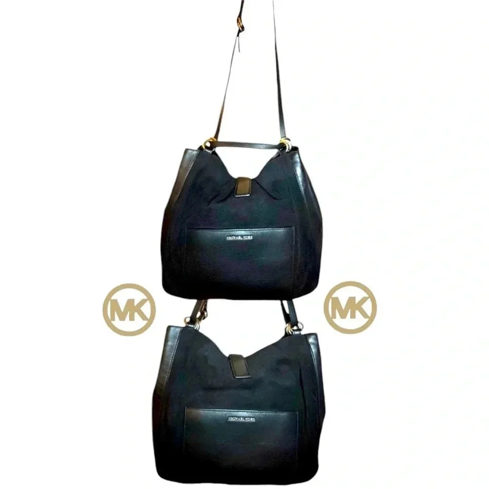 Michael Kors“Quincy” 2Way Black Suede/Leather Trim Bag Antiqued Silver Accents